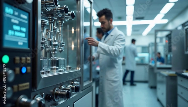 Fototapeta High-Tech Laboratory with Advanced Scientific Equipment and Researcher in White Lab Coat, Showcasing Precision Instruments, Cutting-Edge Technology, and Futuristic Ambiance