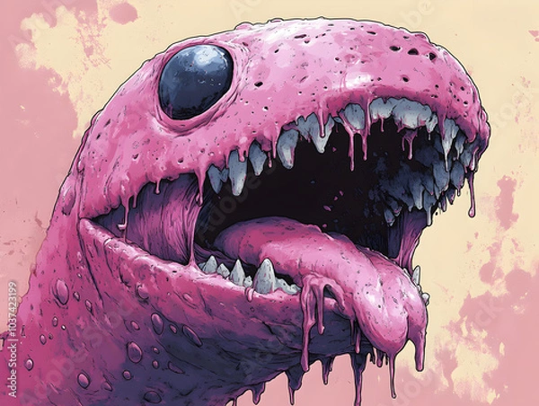Fototapeta Whimsical Pink Monster with Exaggerated Features in Vibrant Cartoon Style Fantasy Art