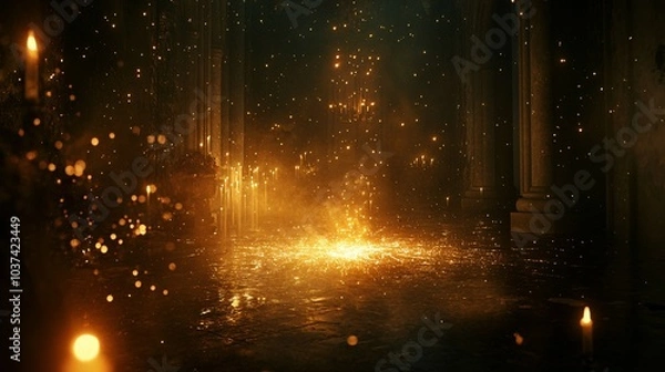 Fototapeta Golden Sparks and Candlelight in a Dark, Columned Hall