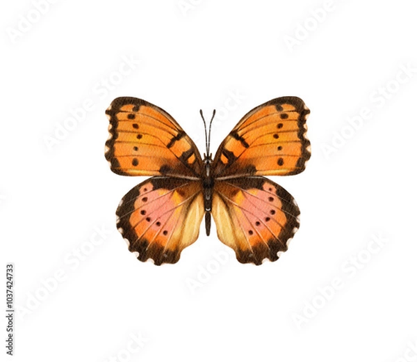 Fototapeta Watercolor colorful butterflies, isolated on white background. brown, yellow and red butterfly spring