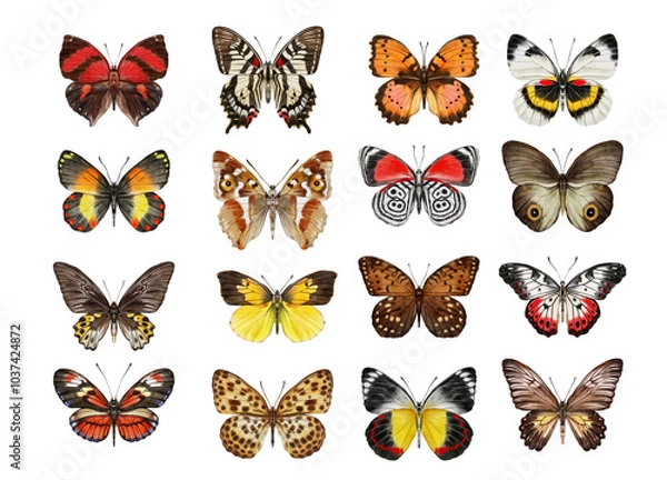 Obraz Watercolor colorful butterflies, isolated on white background. brown, yellow and red butterfly spring
