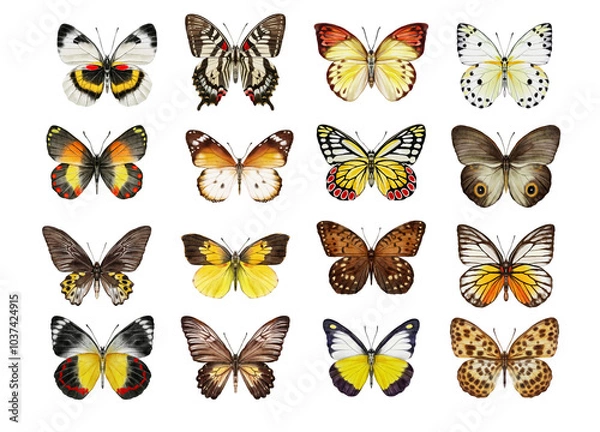 Obraz Watercolor colorful butterflies, isolated on white background. brown, yellow and red butterfly spring