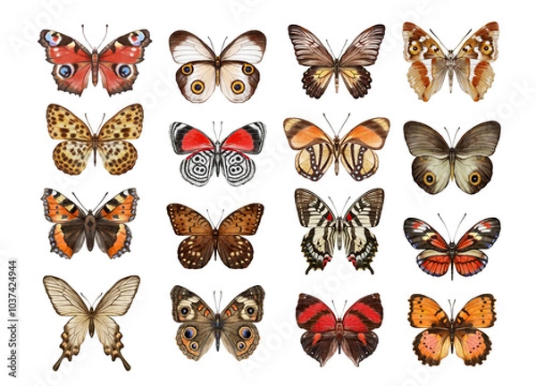 Obraz Watercolor colorful butterflies, isolated on white background. brown, yellow and red butterfly spring