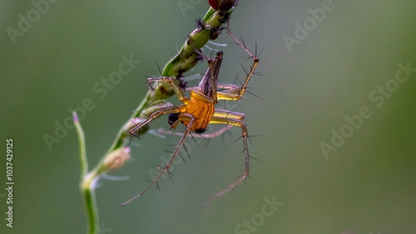 Fototapeta Cute and unique spiders, their skin looks transparent when exposed to light, spider on a flower