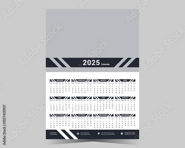 Fototapeta Wall calendar 2025 template, modern 12 month one page calendar design, corporate business calendar.