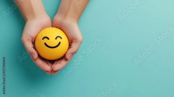 Fototapeta Tender hands holding a round smiley, mood face, symbolizing joy and peace, on a soft blue background, with space for text.