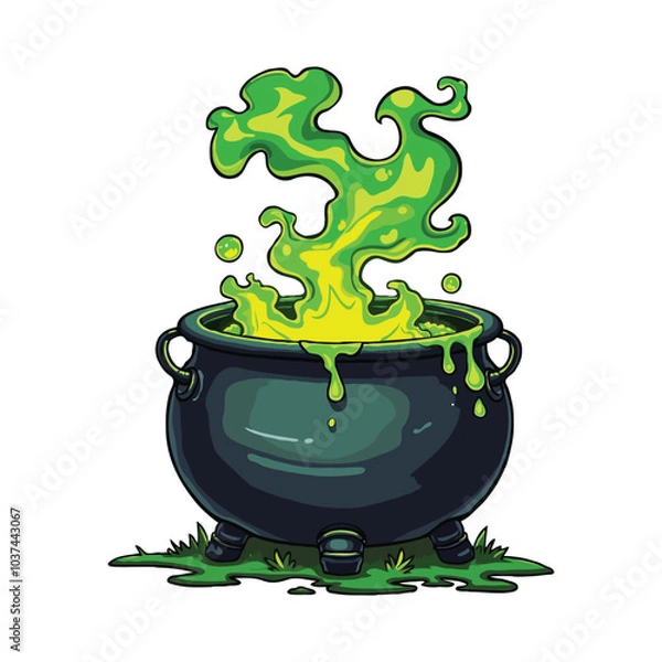Obraz realistic cartoon witch boiler with a liquid green toxic poison, Illustration of a witch's cauldron, Magic witch cauldron Halloween game