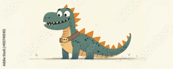 Fototapeta Adorable orange dinosaur with collar in playful vector art style on textured blue background