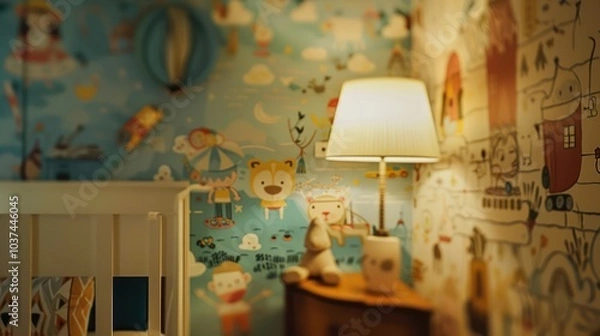 Obraz a comfortable crib room with cute wallpaper and several dolls with night lights