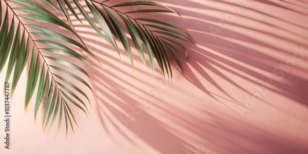 Fototapeta Shadow of tropical flower on smooth peach colored wall
