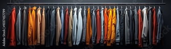 Fototapeta A vibrant collection of winter coats displayed on a sleek clothing rack, showcasing various styles and colors ideal for the cold season. Perfect for fashion enthusiasts.