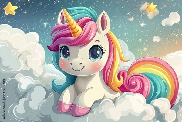 Fototapeta Whimsical adventures of a cute unicorn floating amongst dreamy clouds and stars