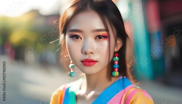 Obraz Portrait of a young asian girl. Colorful makeup. Art make up. Cosmetics.
