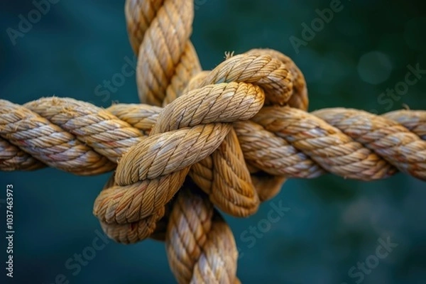 Fototapeta Concept Of Teamwork And Unity as a business metaphor for joining an inclusive partnership as twisted diverse ropes connected together as a corporate symbol for cooperation and working collaboration