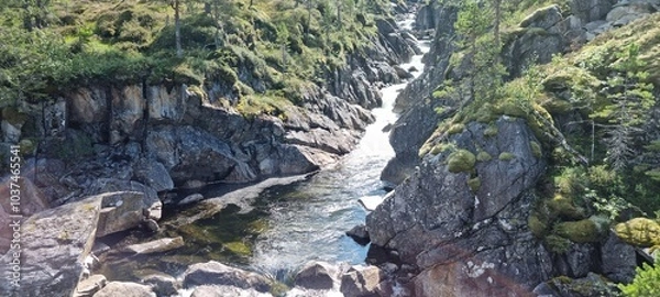 Fototapeta fresh mountain water stream running through a steep v shaped valley in norway