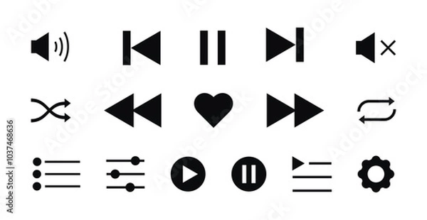Obraz Play, pause, stop, repeat, back and next button icon flat design. Set of Media player icons. Music, interface, design media player buttons collection. Vector Illustration.