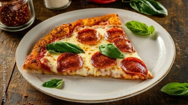 Fototapeta A mouthwatering slice of pepperoni pizza with gooey mozzarella cheese, fresh basil leaves, and a crispy crust