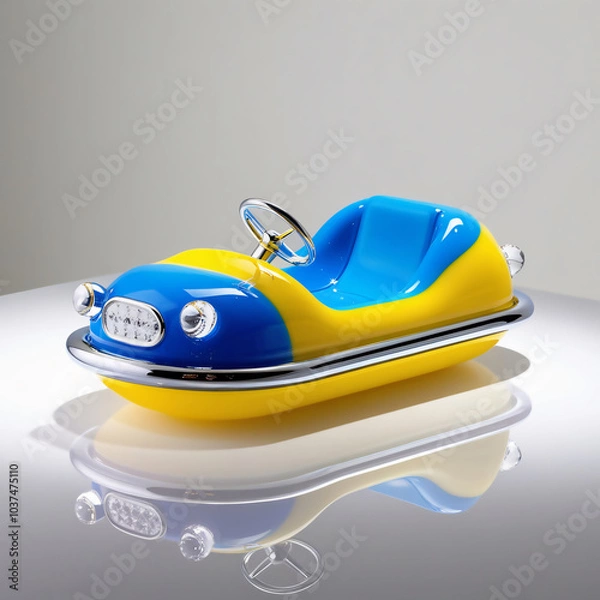 Fototapeta Artistic Glass Sculpture of a Toy Car in Vibrant Yellow with Blue Accents and Glossy Finish, Playful Design on Neutral Background, Generative AI