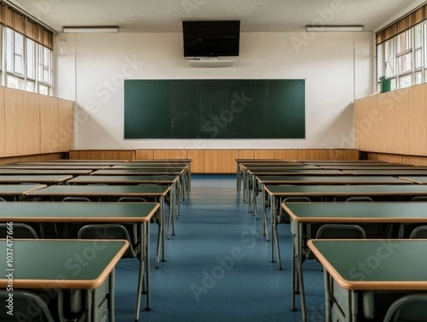 Obraz Symmetrical Stillness Tranquil Empty Classroom with Blank Chalkboard, Anticipatory Mood