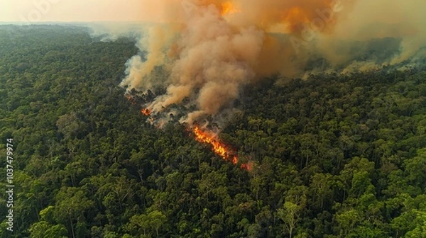 Obraz Devastating Wildfire Engulfing Dense Rainforest Catastrophic Inferno of Destruction and Environmental Tragedy