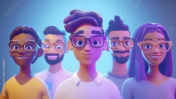 Fototapeta Customizable avatar of unique personalities in a virtual world. A diverse group of animated characters, each wearing glasses and smiling, standing together in vibrant purple and blue lighting.
