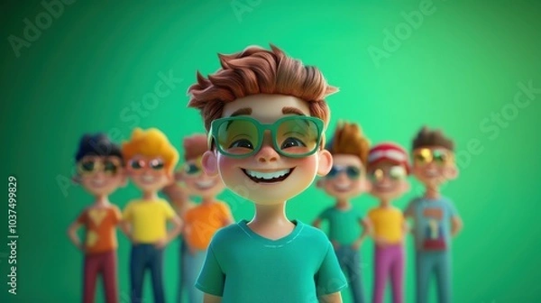 Fototapeta Customizable avatar of unique personalities in a virtual world. Animated boy with glasses, smiling happily with a group of friends in the background, all wearing colorful outfits.