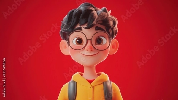 Fototapeta Customizable avatar of a unique personality virtual in a world. Animated boy with glasses and dark curly hair, wearing a yellow hoodie, smiling warmly against a bold red background.