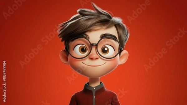 Fototapeta Customizable avatar of a unique personality virtual in a world. Animated boy with glasses and neatly styled hair, wearing a red jacket, smiling warmly against a red background.