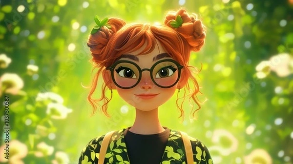 Fototapeta Customizable avatar of a unique personality virtual in a world. Animated woman with glasses, red hair styled in buns, standing in a vibrant outdoor nature setting with sunlight and greenery.