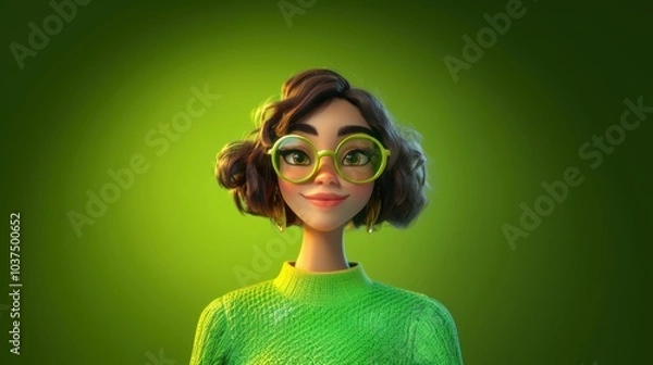 Fototapeta Customizable avatar of a unique personality virtual in a world. Animated woman with short wavy hair, green glasses, and a matching green sweater, smiling warmly against a bright green background.