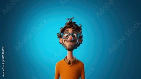 Fototapeta Customizable avatar of a unique personality virtual in a world. Animated man with messy hair, glasses, and a beard, wearing a colorful floral shirt, standing against a deep blue background.