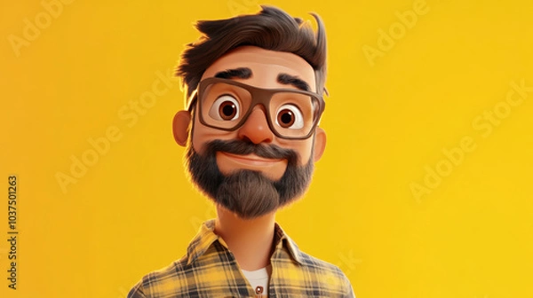 Fototapeta Customizable avatar of a unique personality virtual in a world. Animated man with a beard, glasses, and tousled hair, wearing a plaid shirt, smiling warmly against a bright yellow background.