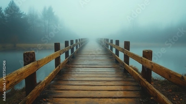 Fototapeta Wooden bridge over a lake disappearing in the fog. Bridge leading into the distance, into the unknown. Wooden bridge in a gloomy morning setting.