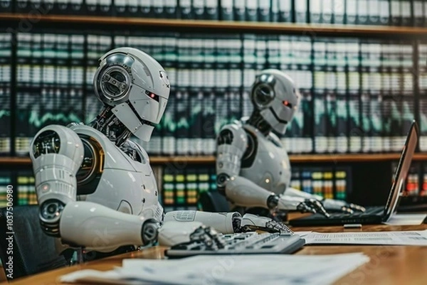Fototapeta Close-up Of Two Humanoid Robots Calculating Financial Statement At Desk.
