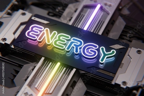 Fototapeta Neon Energy: A vibrant neon sign illuminates the word "ENERGY" against a futuristic, metallic backdrop, capturing the essence of power, innovation, and digital advancement.
