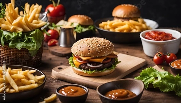 Fototapeta Delicious Burger and Fries with Dipping Sauces