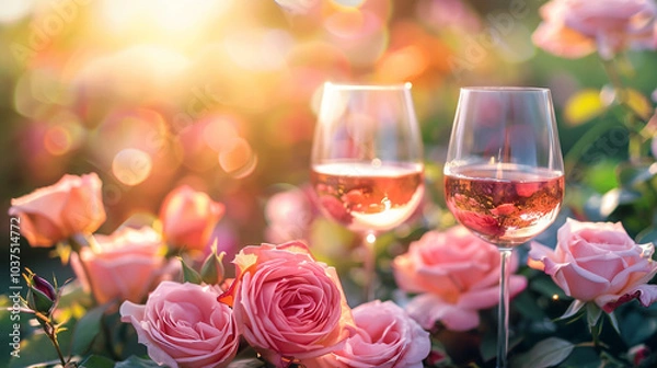 Obraz Two glasses of wine and pink roses