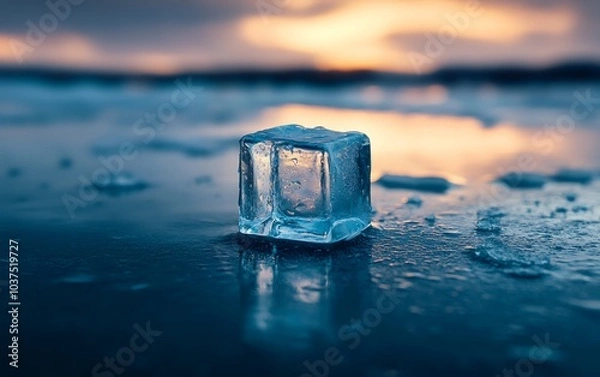 Obraz Single melting ice cube on wet sand with blurred sunset beach scene in background, symbolizing climate change and global warming