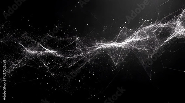 Obraz abstract white wire frame network on black background, dynamic digital connections and glowing particles, perfect for technology, data visualization, and futuristic design projects