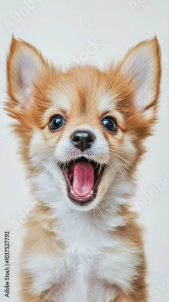 Fototapeta Adorable happy puppy smiling with playful expression and fluffy fur