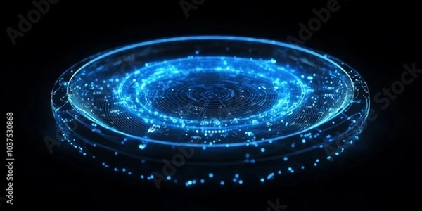 Fototapeta 3D render of a blue hologram wireframe floating in a black background, a circular shape with data points and numbers inside the circle, 