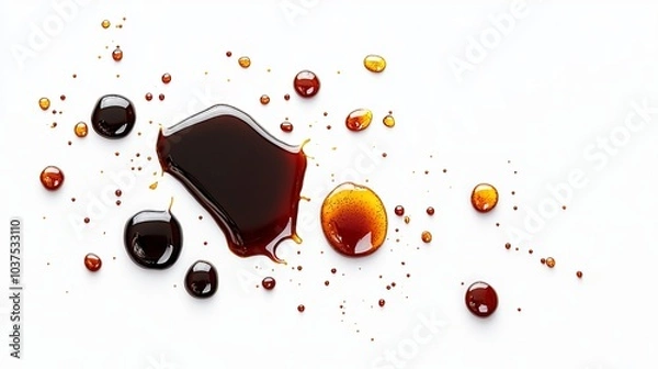 Fototapeta Top View of Spilled Soy Sauce, Teriyaki Drops, Oyster Sauce, and Balsamic Vinegar Puddles Isolated on White Background