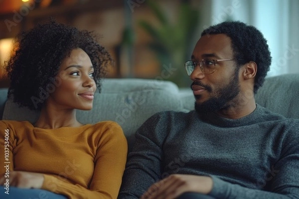 Fototapeta Angry black woman looking at her happy boyfriend chatting with girl, sitting together on couch at home, dishonest in relationships, Generative AI