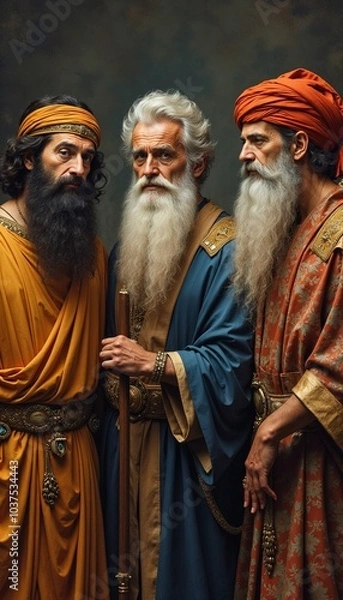 Fototapeta Three Wise Men in ancient attire with serious expressions and rich details, against a dark background