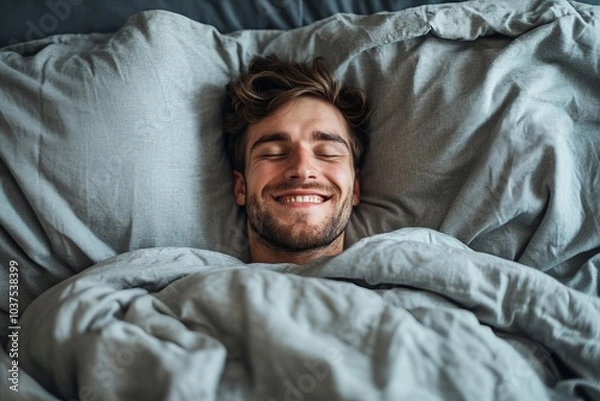 Fototapeta Happy man falls asleep in a good mood in a gray bed at night, Generative AI
