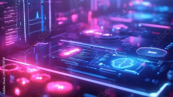 Fototapeta Futuristic interface with glowing blue and pink lines and shapes on a dark background.