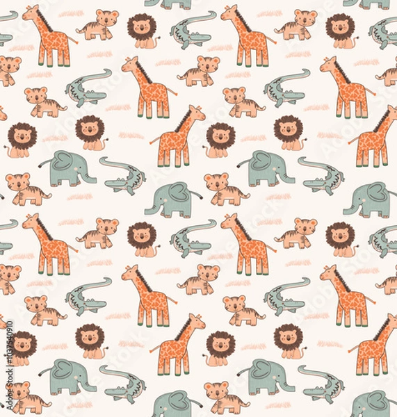 Fototapeta Colorful illustration of pattern with wild animals in children's style. Art for printing on fabrics, wallpaper, gift wrap, etc.