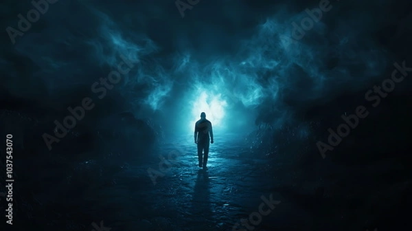Fototapeta A solemn figure walking towards an ethereal light in a misty landscape symbolizing hope and transformation in a dreamlike setting