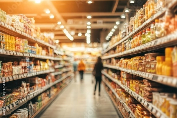 Fototapeta Blurred background of the interior in a grocery store with shelves full of products, people walking and shopping at the supermarket