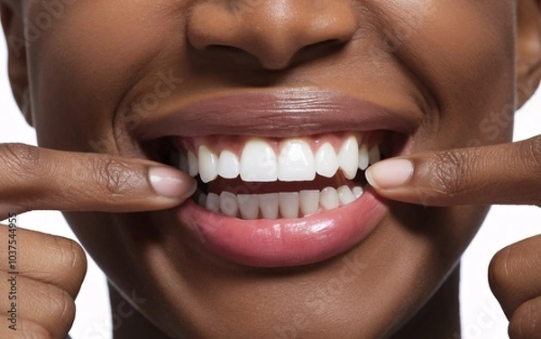 Obraz Close-Up of Woman Smiling and Showing White Teeth generative ai